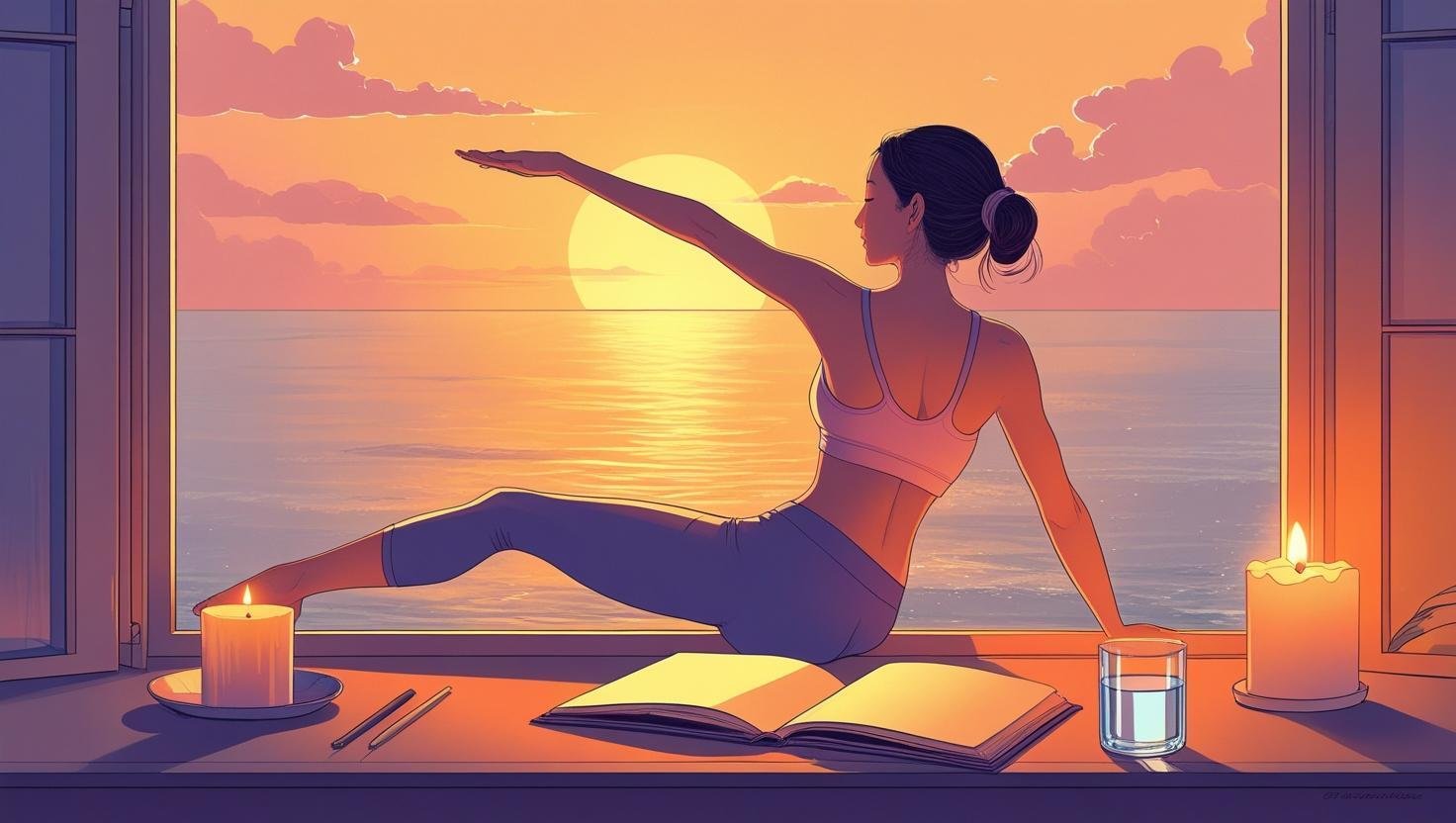 Una imagen sobre una mañana consciente, amanecer con color naranja pastel, una ventana al mar, una persona estirando su cuerpo, con un escritorio con una vela, un cuaderno y un estilo saludable