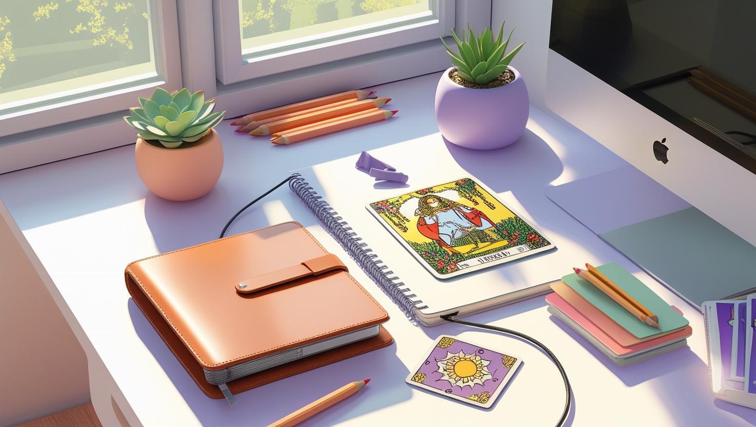 A brightly lit modern bedroom, sunlight streaming through a large window, features a minimalist desk. On the desk sits a modern leather-bound notebook, a set of sharpened colored pencils, a small succulent plant, and a deck of tarot cards. Additional