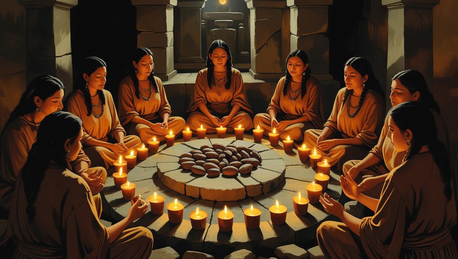 imagen mistica, altar, meditación , circulo de mujeres, cacao ceremonial representando una pausa mistica